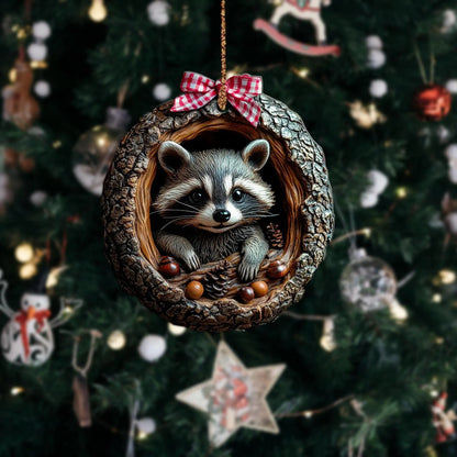 Cute Raccoon Christmas Wood Ornament
