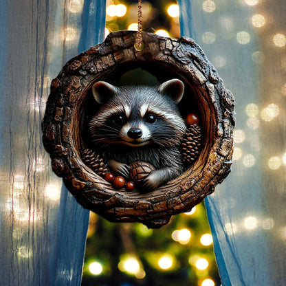 Cute Raccoon Christmas Wood Ornament