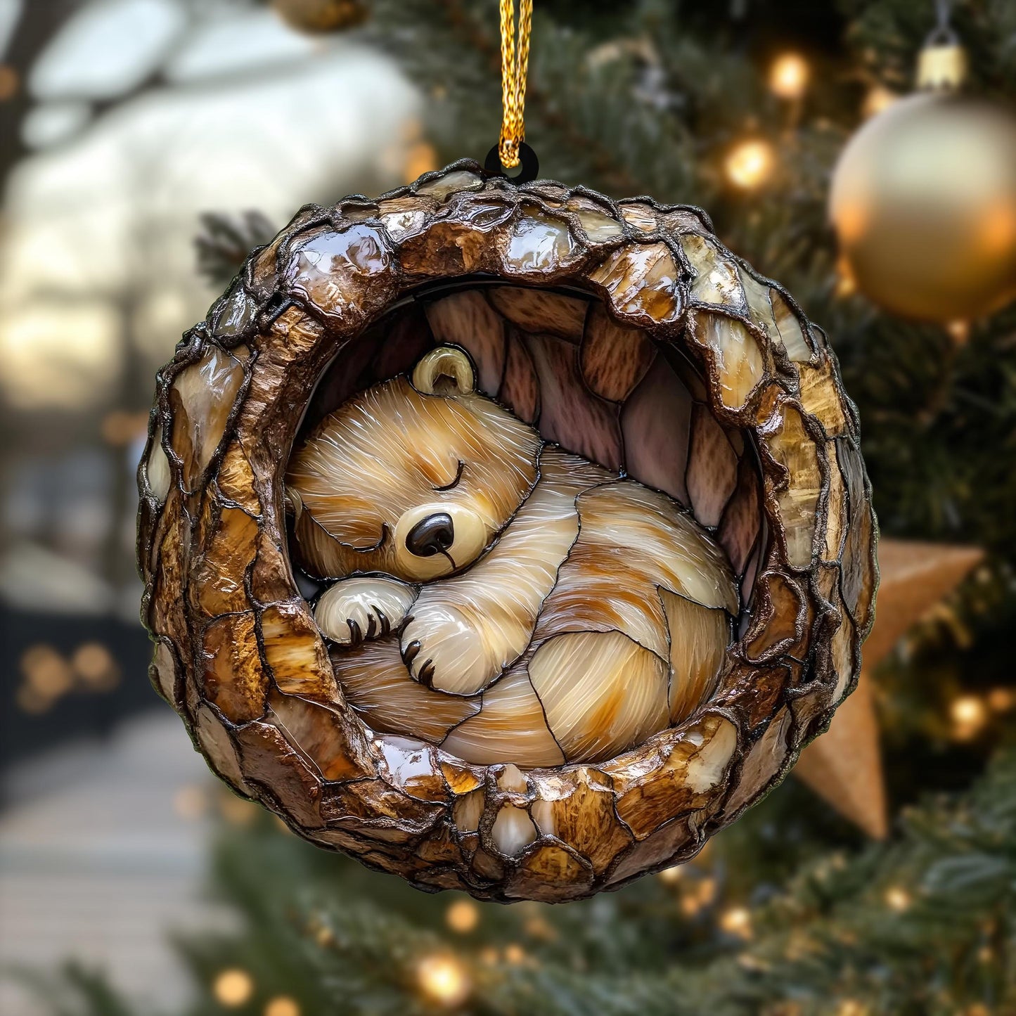 Ornament Baby Bear Sleeping Wood Ornament