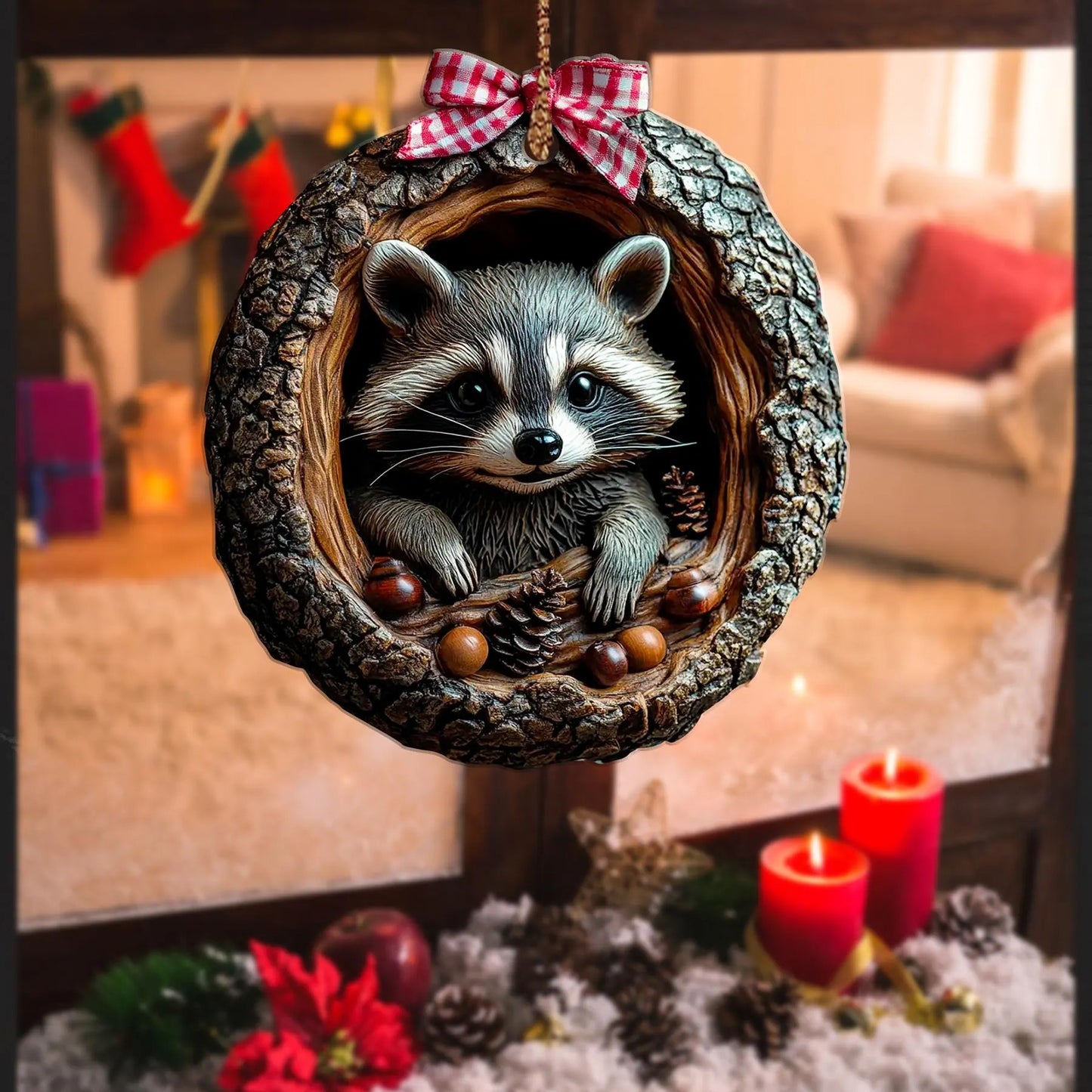 Cute Raccoon Christmas Wood Ornament