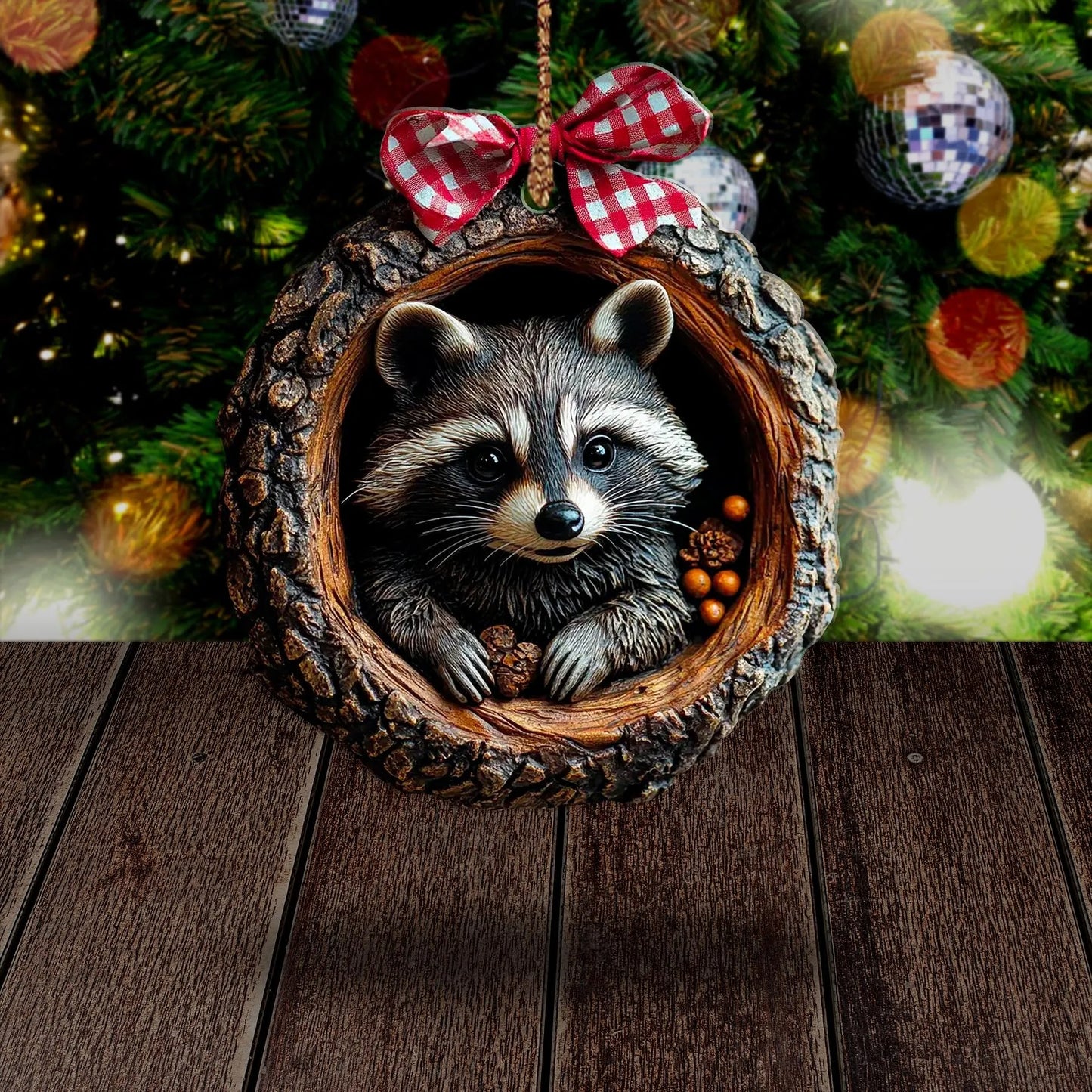 Cute Raccoon Christmas Wood Ornament