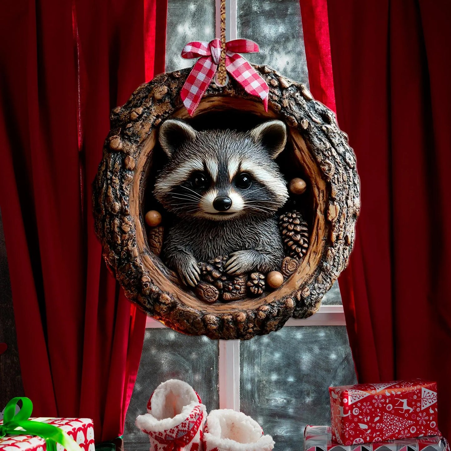 Cute Raccoon Christmas Wood Ornament
