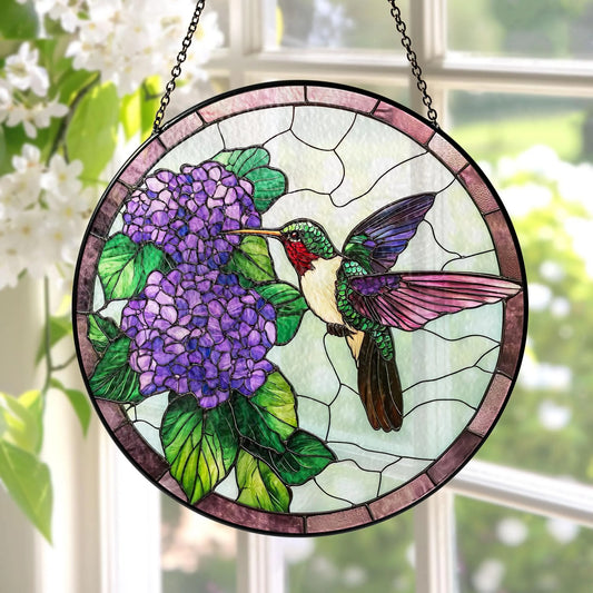 Stained Glass Hummingbird Hydrangeas Suncatcher