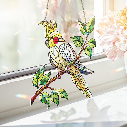 Hologram Cockatiel Bird on Branch Acrylic Window Hanging