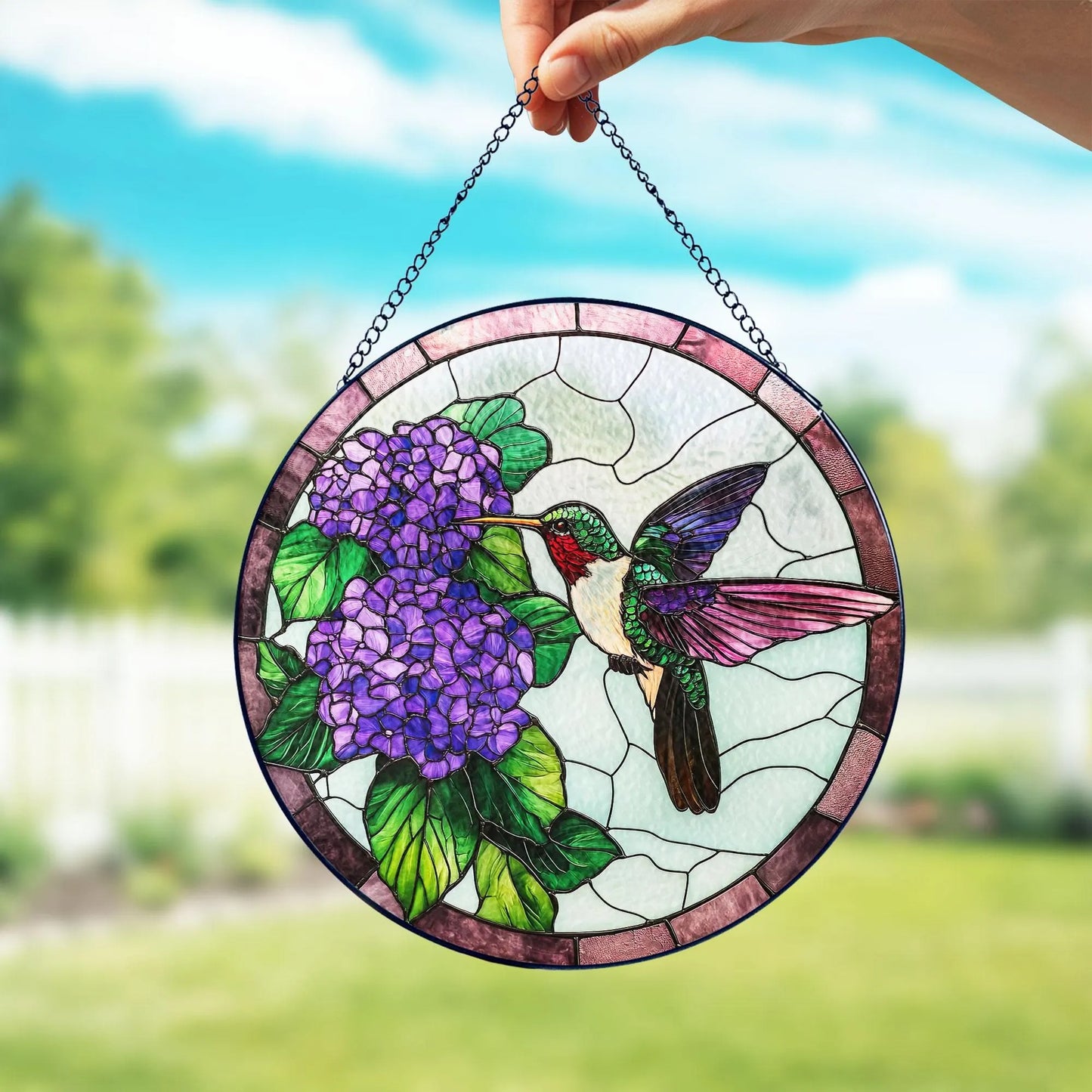 Stained Glass Hummingbird Hydrangeas Suncatcher