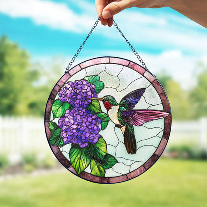 Stained Glass Hummingbird Hydrangeas Suncatcher