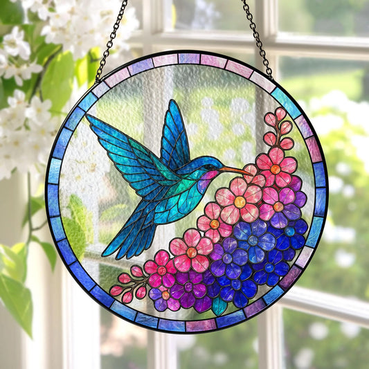 Stained Glass Hummingbird and Purple Lilac Flower Suncatcher