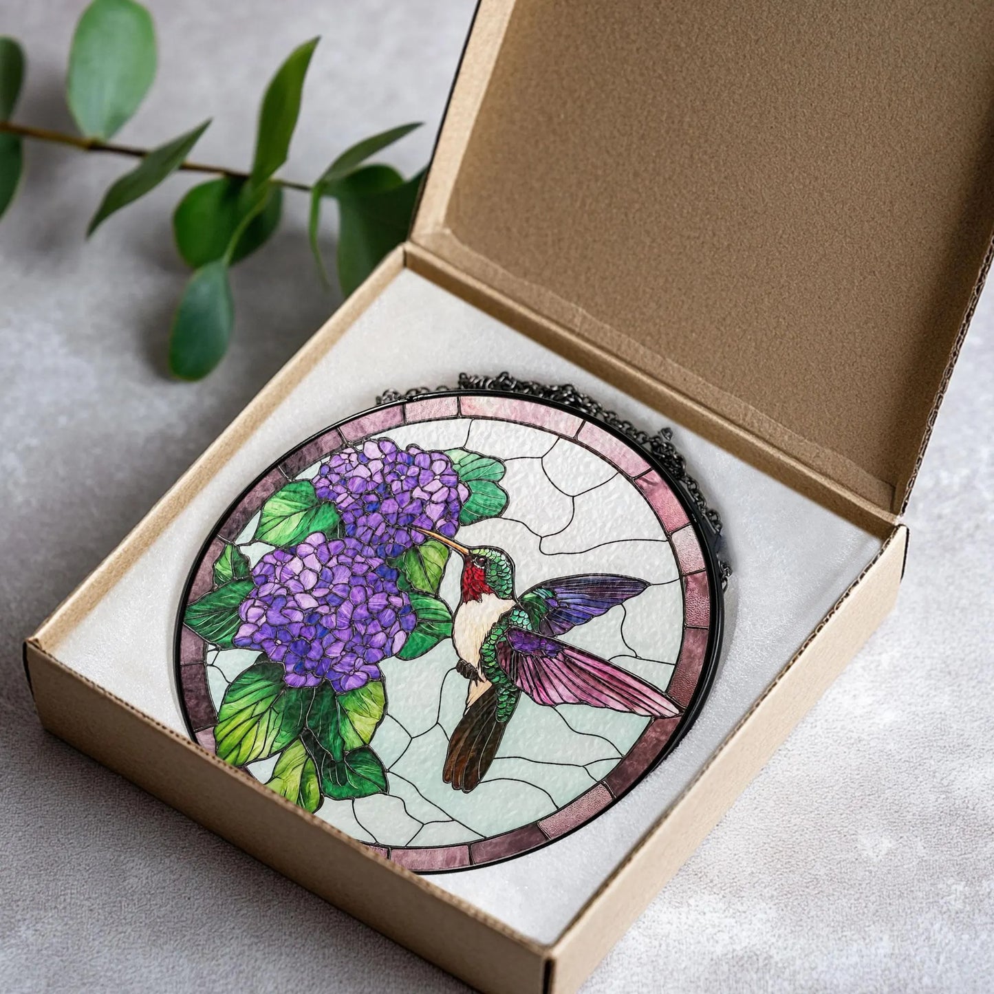 Stained Glass Hummingbird Hydrangeas Suncatcher