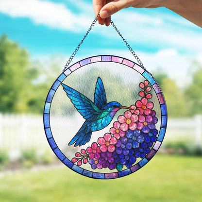 Stained Glass Hummingbird and Purple Lilac Flower Suncatcher