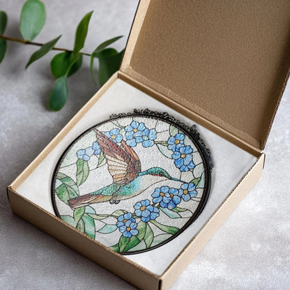 Hummingbird Stained Glass - Hummingbird Among Forget Me Not Flowers GLASS Suncatcher Hanging