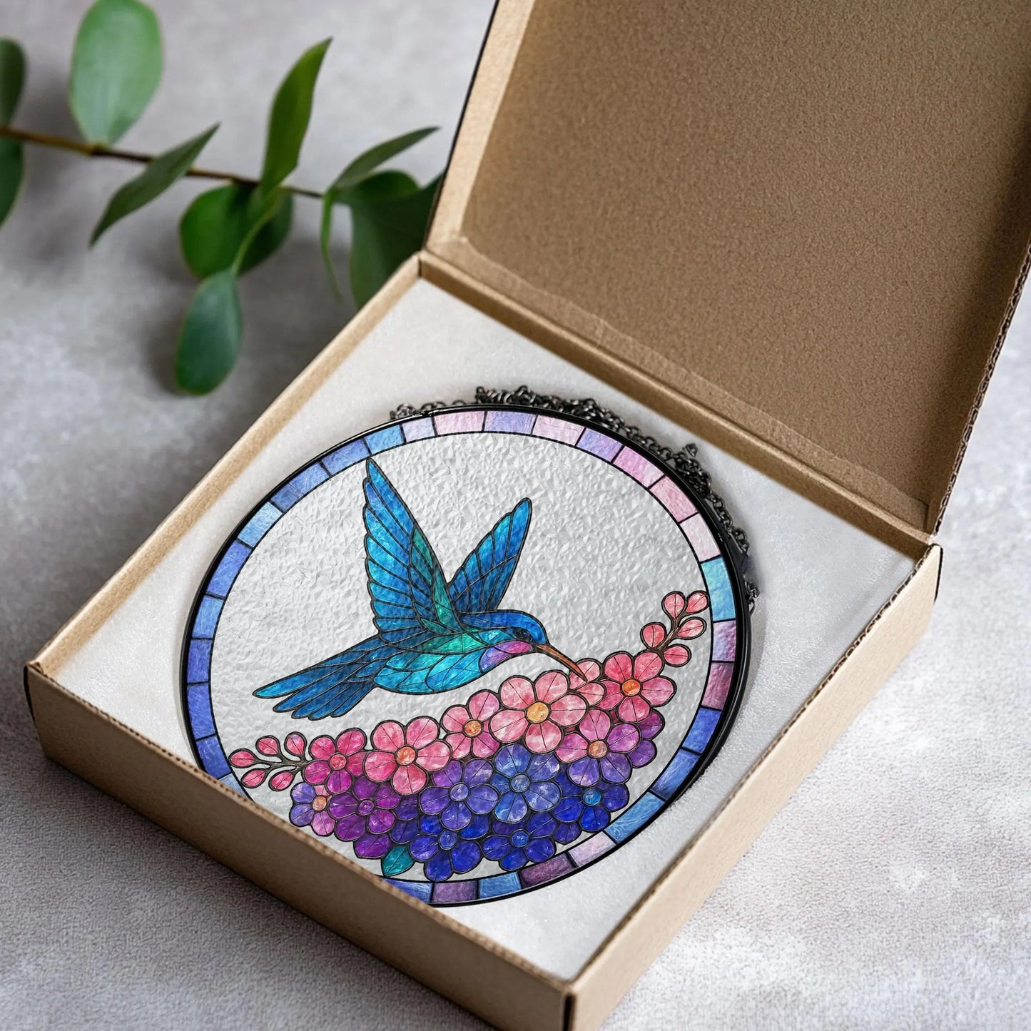 Stained Glass Hummingbird and Purple Lilac Flower Suncatcher