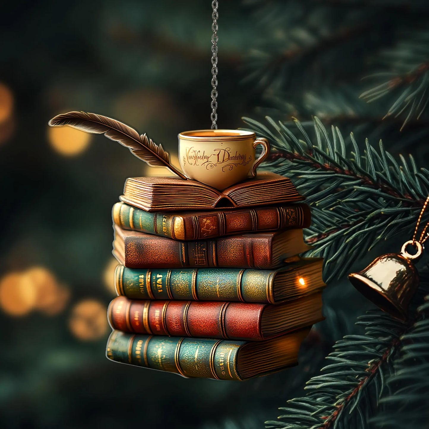 Vintage Book Stack Light Bauble Wood Ornament