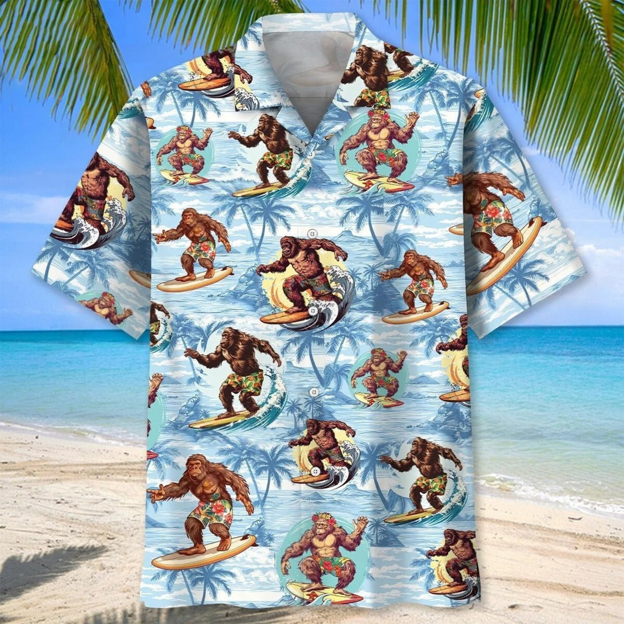 Bigfoot Surfing Hawaii Shirt, Funny Sasquatch Surfer Hawaiian Shirt