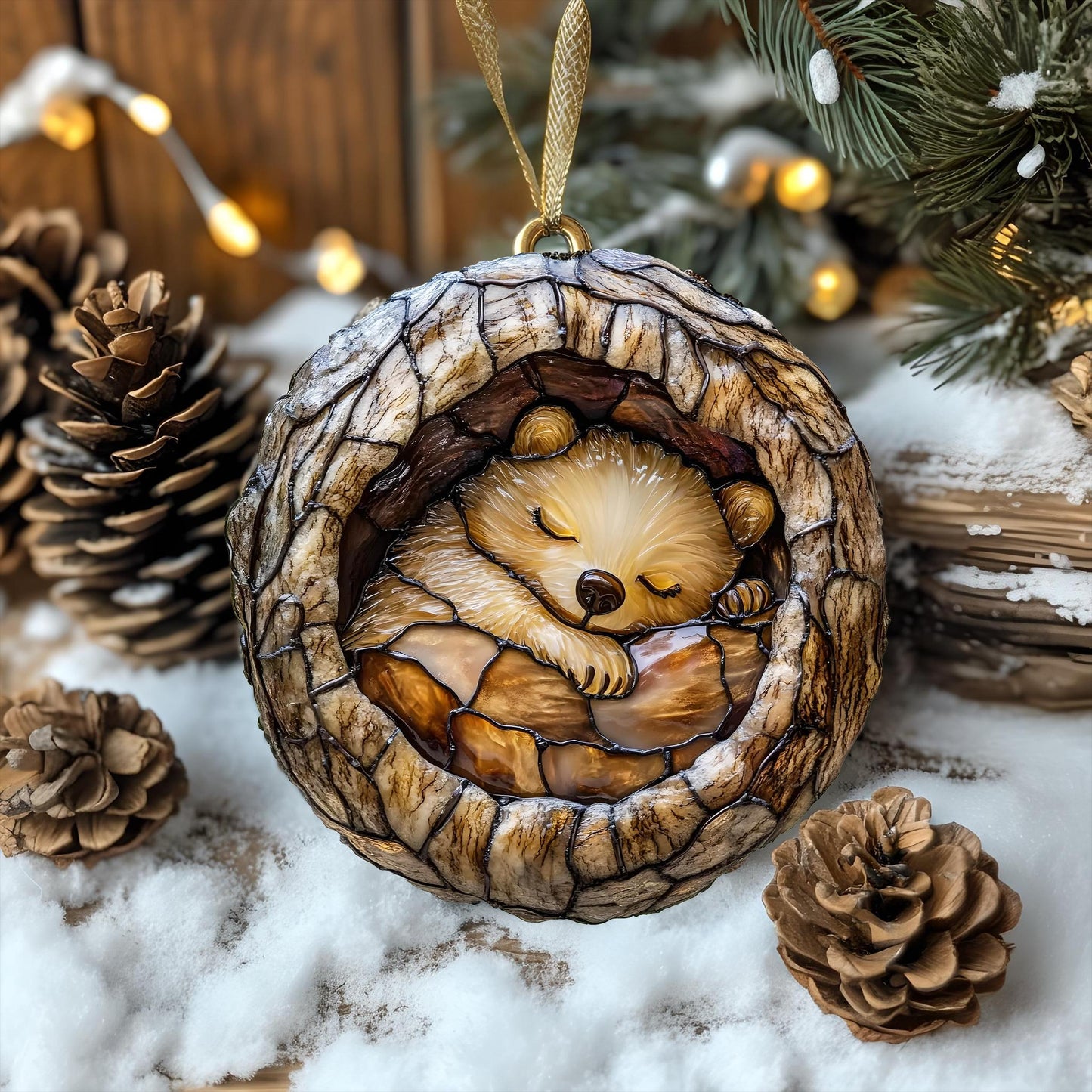 Ornament Baby Bear Sleeping Wood Ornament