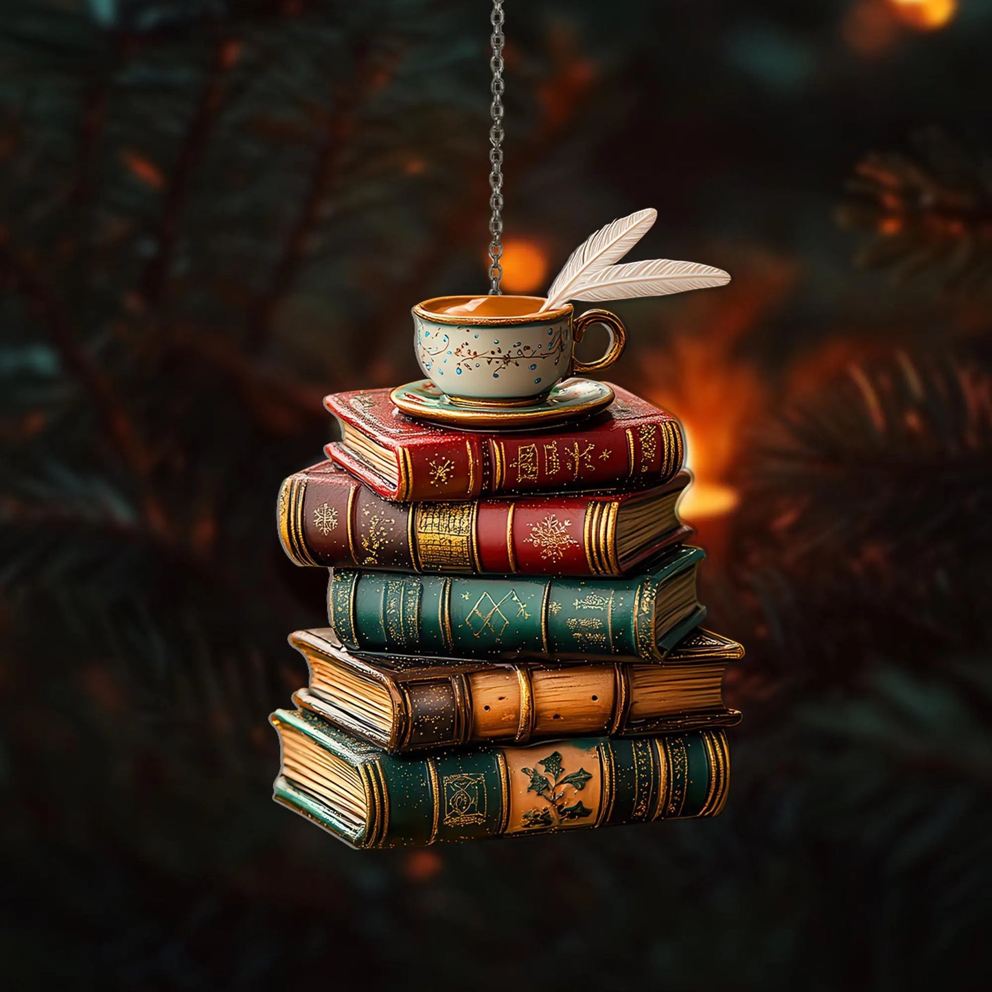 Vintage Book Stack Light Bauble Wood Ornament