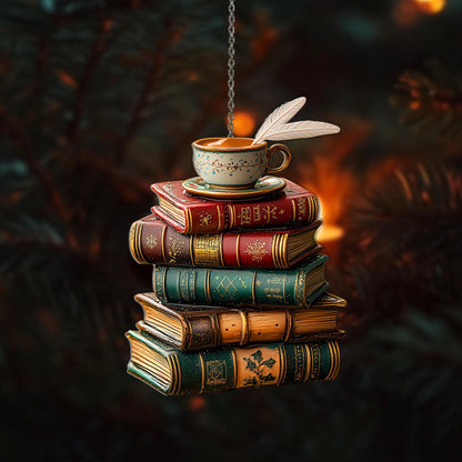 Vintage Book Stack Light Bauble Wood Ornament