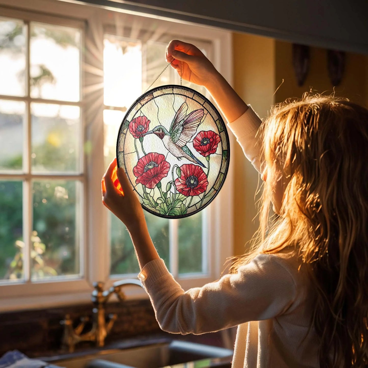 Stained Glass Hummingbird, Glass Suncatcher