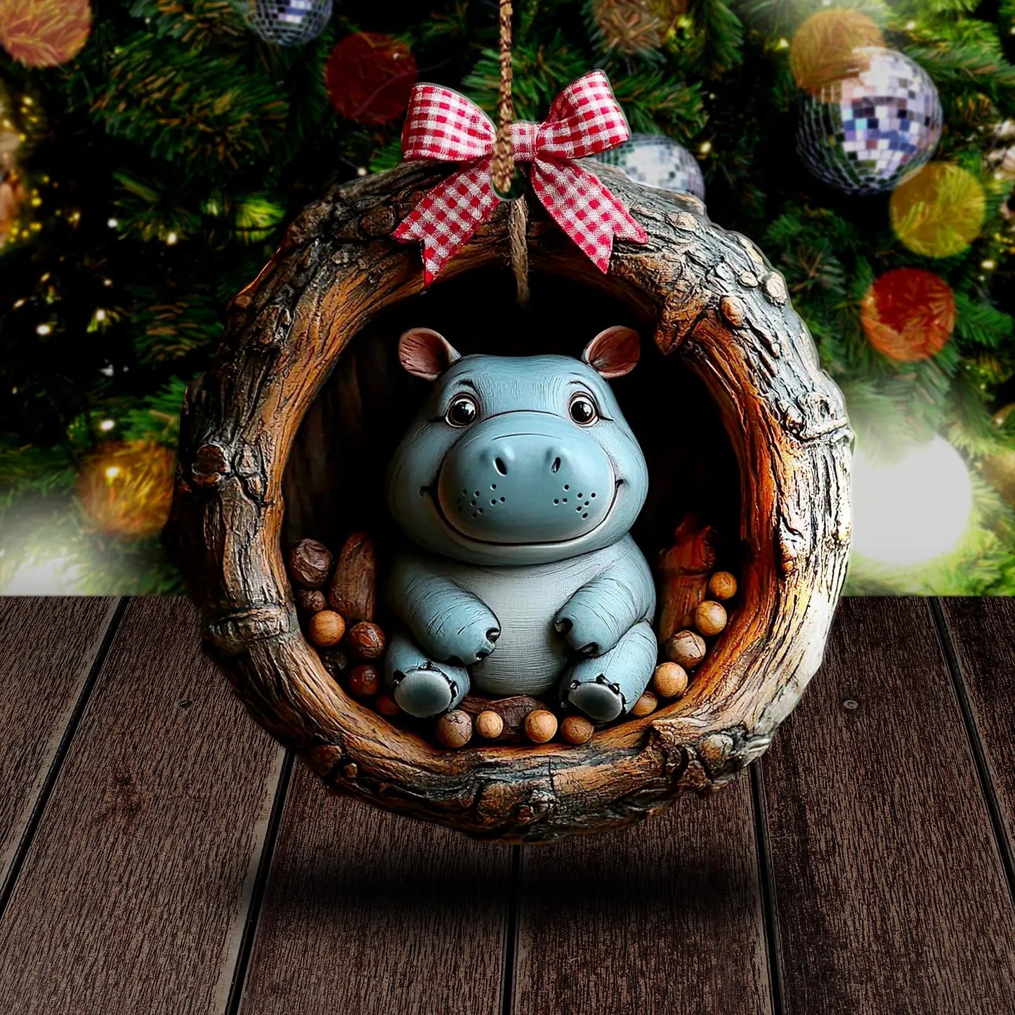 Cute Hippo Wood Ornament