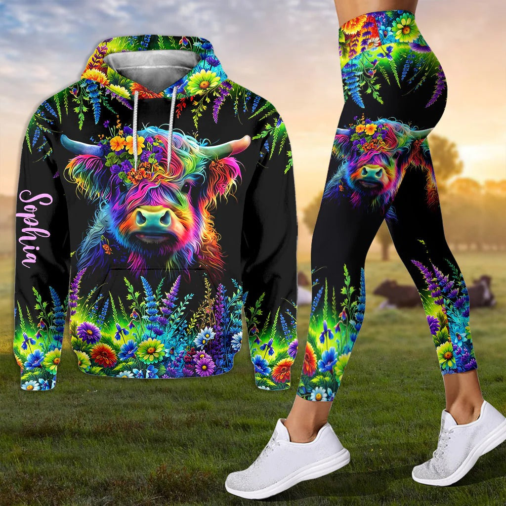 Personalized Beautiful Neon Highland Cow - Highland Cow Hoodie and Leggings