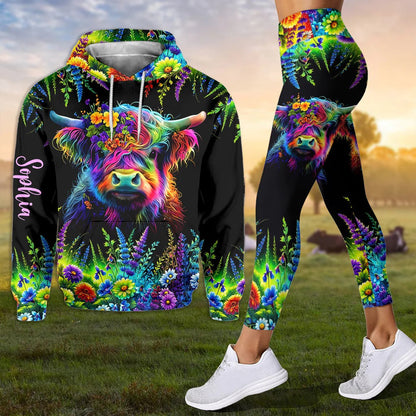 Personalized Beautiful Neon Highland Cow - Highland Cow Hoodie and Leggings