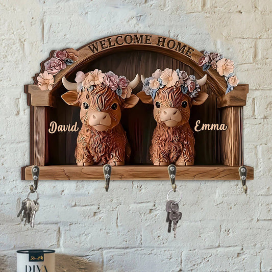 Welcome Home - Personalized Cow Custom Shaped Key Rack