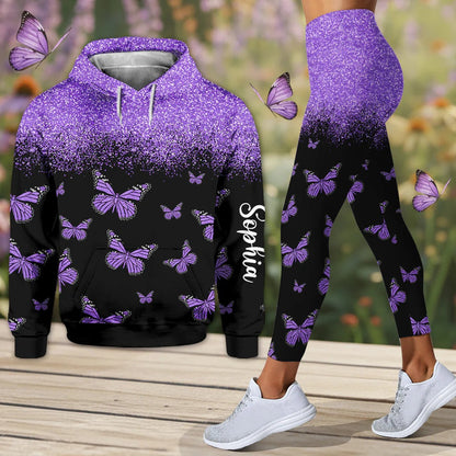 Love Purple Butterflies - Personalized Hoodie And Leggings