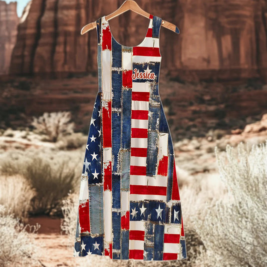 Retro American Flag Denim Floral Art - Personalized Sleeveless Dress