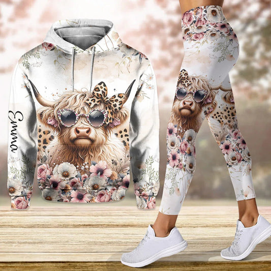 Cool Cow With Leopard Glasses - Personalized Hoodie and Leggings