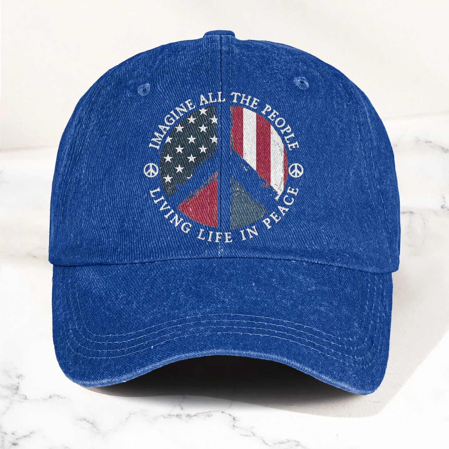 Imagine All The People Living Life In Peace Sign American Flag Denim Cap - Retro Vintage Dad Cap Gift For Dad