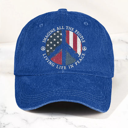 Imagine All The People Living Life In Peace Sign American Flag Denim Cap - Retro Vintage Dad Cap Gift For Dad