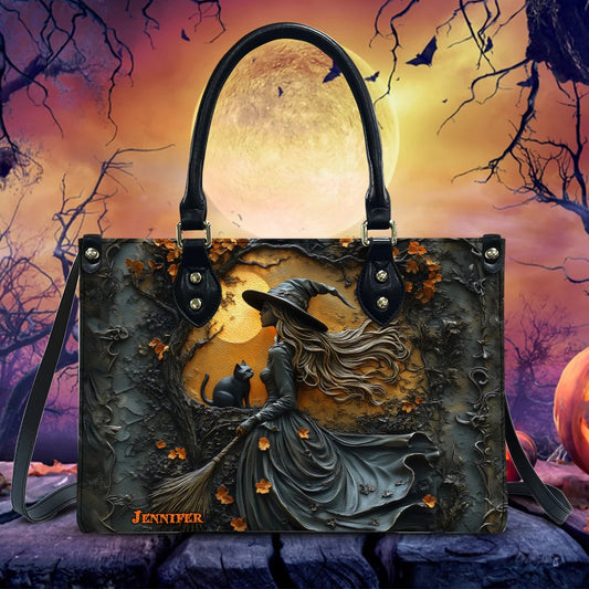 Beautiful Witch & Her Black Cat - Personalized Leather Handbag