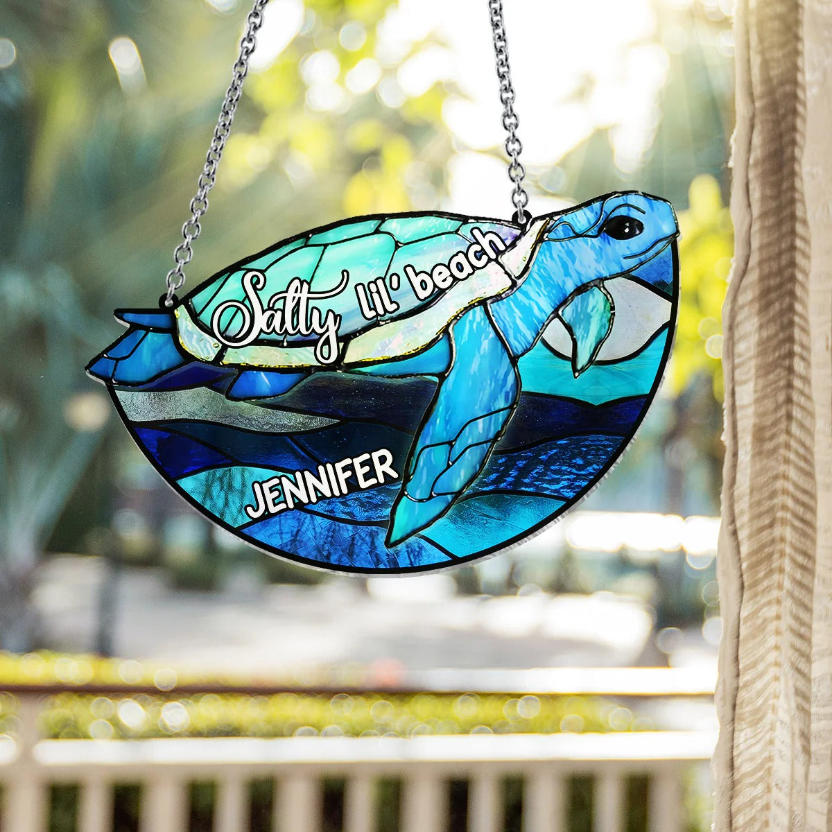 Salty Lil' Beach Blue Ocean Summer Vibes - Personalized Turtle Window Hanging Suncatcher Ornament