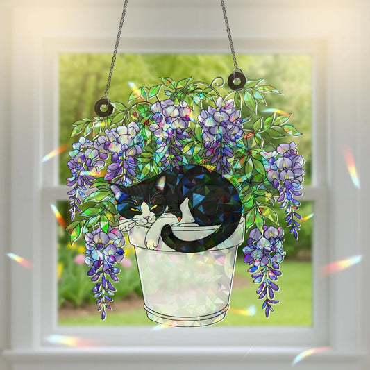 Tuxedo Cat and Wisteria Pot Hologram Acrylic Suncatcher