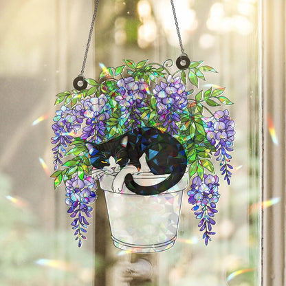 Tuxedo Cat and Wisteria Pot Hologram Acrylic Suncatcher