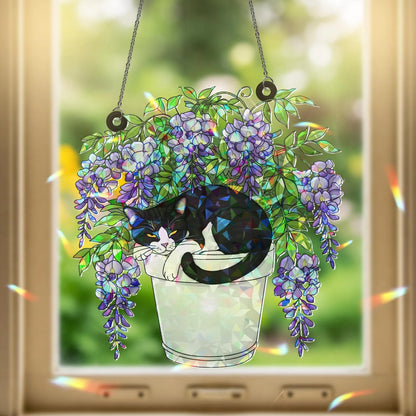 Tuxedo Cat and Wisteria Pot Hologram Acrylic Suncatcher