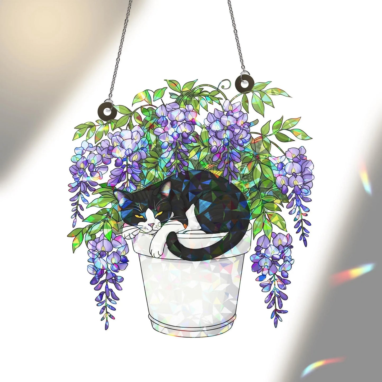 Tuxedo Cat and Wisteria Pot Hologram Acrylic Suncatcher
