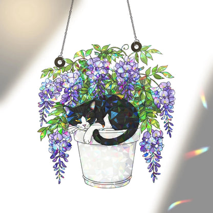 Tuxedo Cat and Wisteria Pot Hologram Acrylic Suncatcher