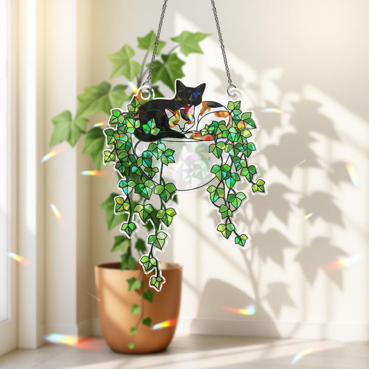 Black Cat With Calico Cat Sleeping on Ivy Hologram Acrylic Suncatcher
