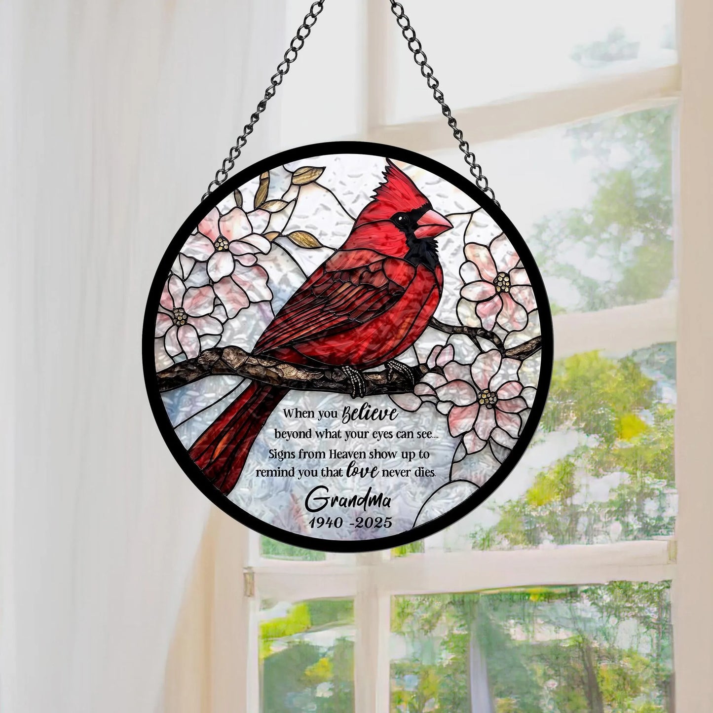 Custom Cardinal Stained Glass Suncatcher, Hanging Decor
