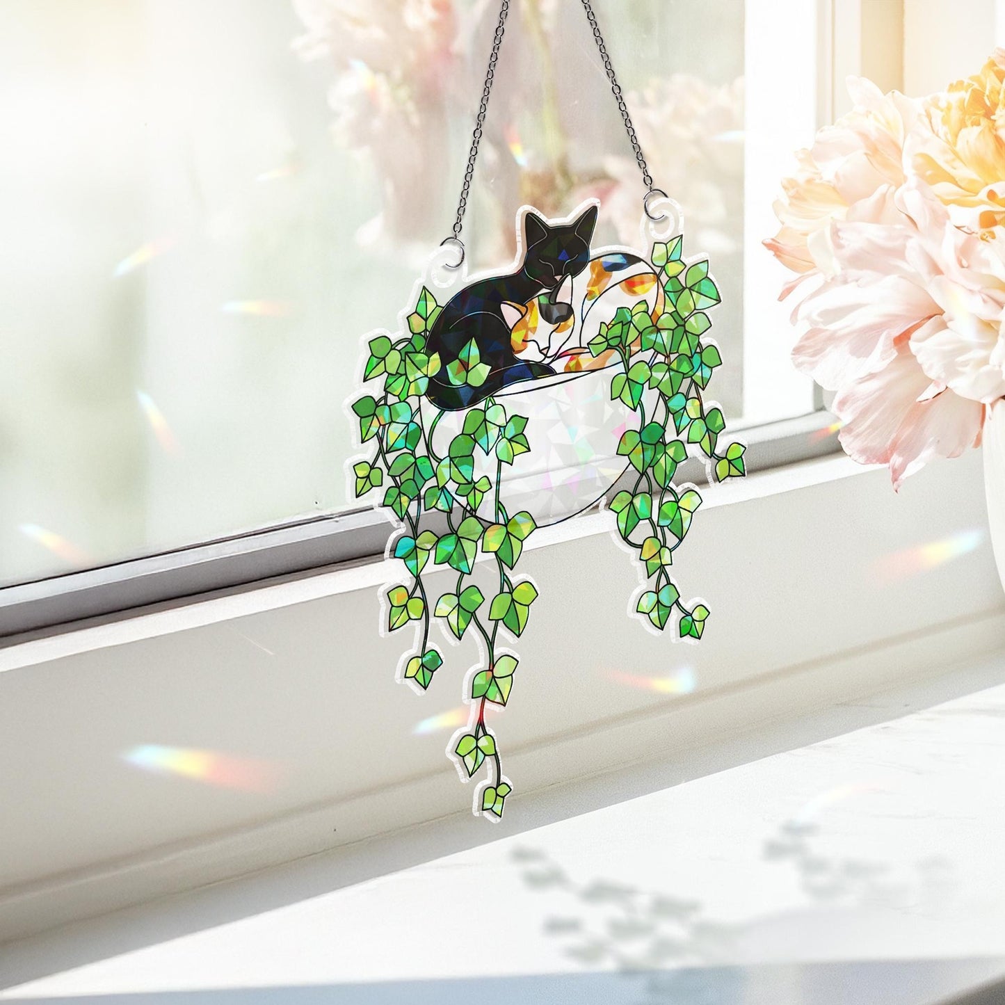 Black Cat With Calico Cat Sleeping on Ivy Hologram Acrylic Suncatcher