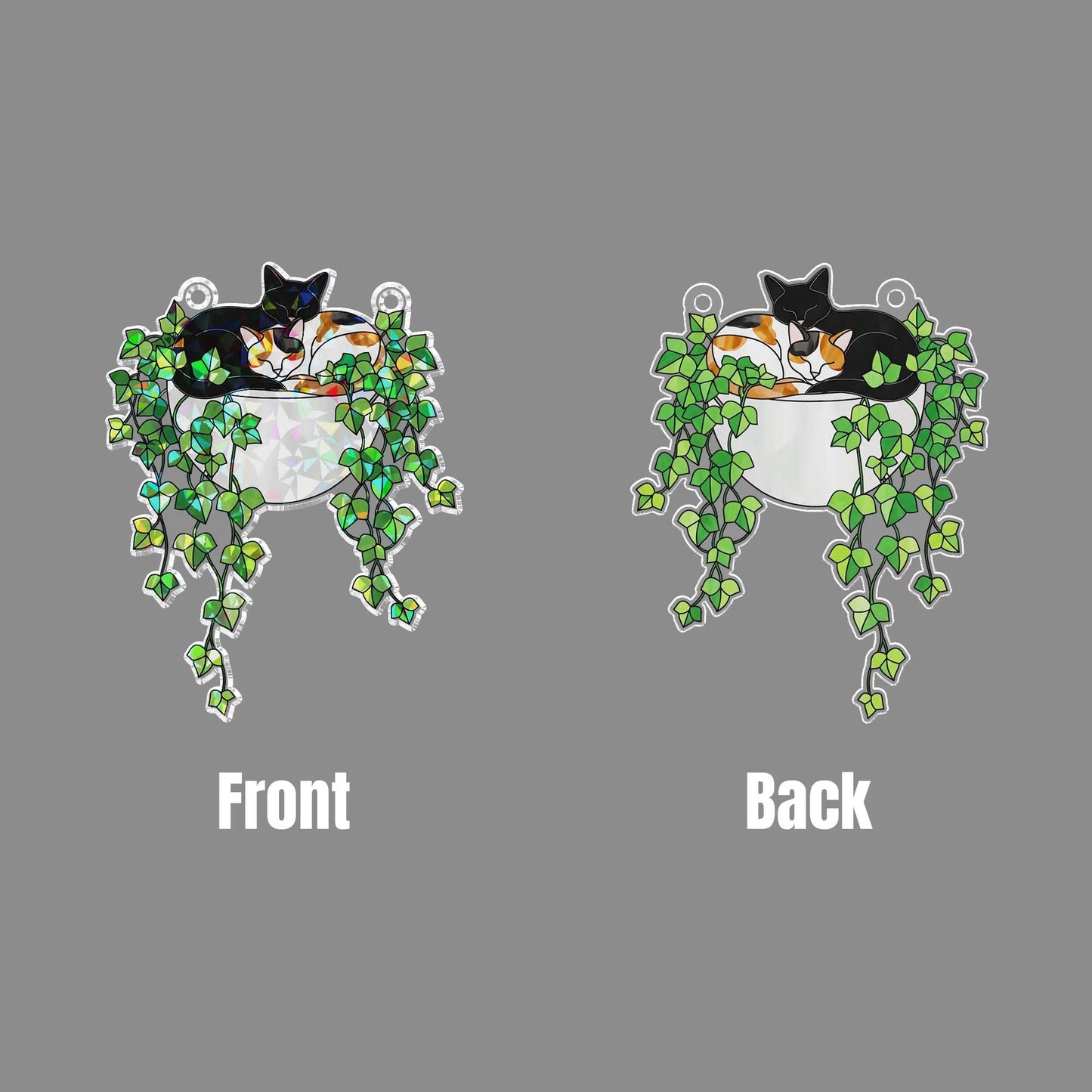 Black Cat With Calico Cat Sleeping on Ivy Hologram Acrylic Suncatcher