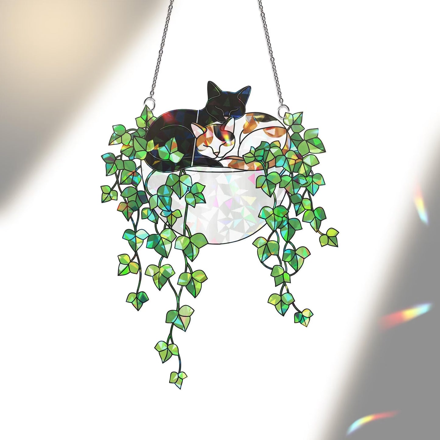 Black Cat With Calico Cat Sleeping on Ivy Hologram Acrylic Suncatcher