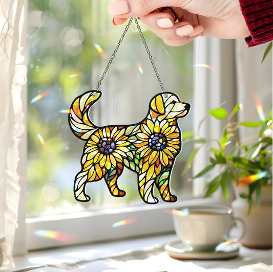 Hologram Sunflower Golden Dog Acrylic Window Hanging