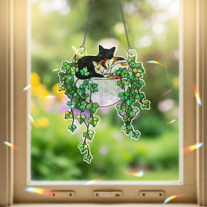 Black Cat With Calico Cat Sleeping on Ivy Hologram Acrylic Suncatcher