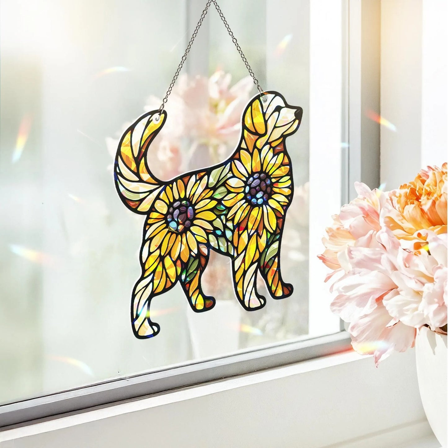 Hologram Sunflower Golden Dog Acrylic Window Hanging