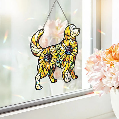 Hologram Sunflower Golden Dog Acrylic Window Hanging