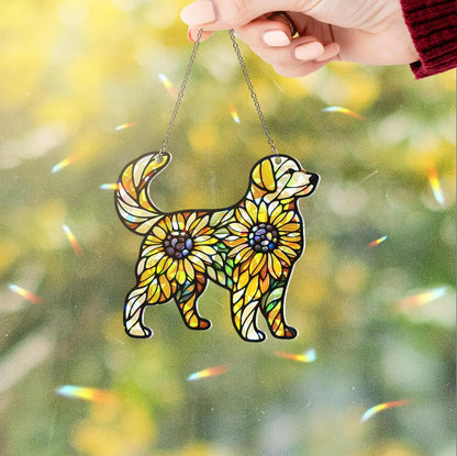 Hologram Sunflower Golden Dog Acrylic Window Hanging
