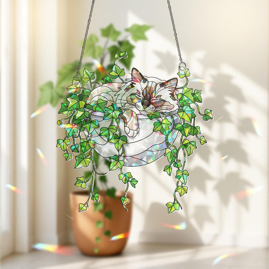 Birman Cat Sleeping on Ivy Hologram Acrylic Suncatcher