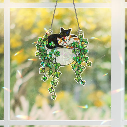 Black Cat With Calico Cat Sleeping on Ivy Hologram Acrylic Suncatcher
