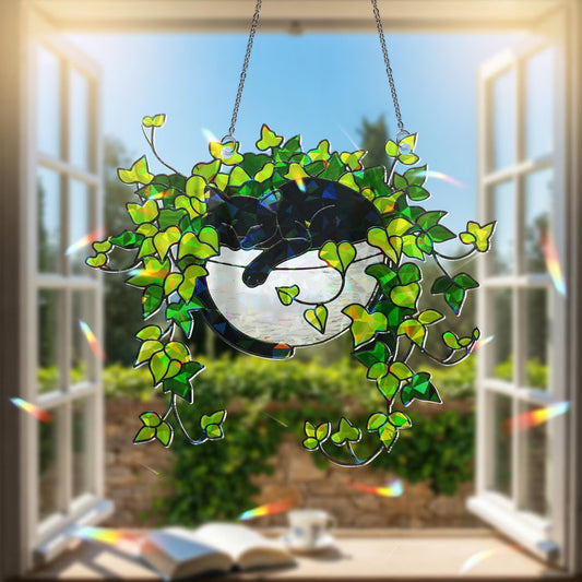 Black Cat Sleeping on Ivy Hologram Acrylic Suncatcher